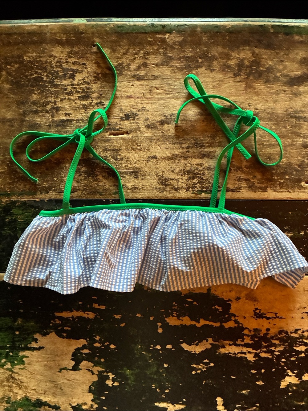 J. Crew Blue and White Striped Bikini Top with Green Trim